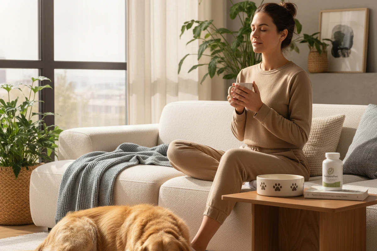 Calm, happy dog with owner - natural gut-brain wellness